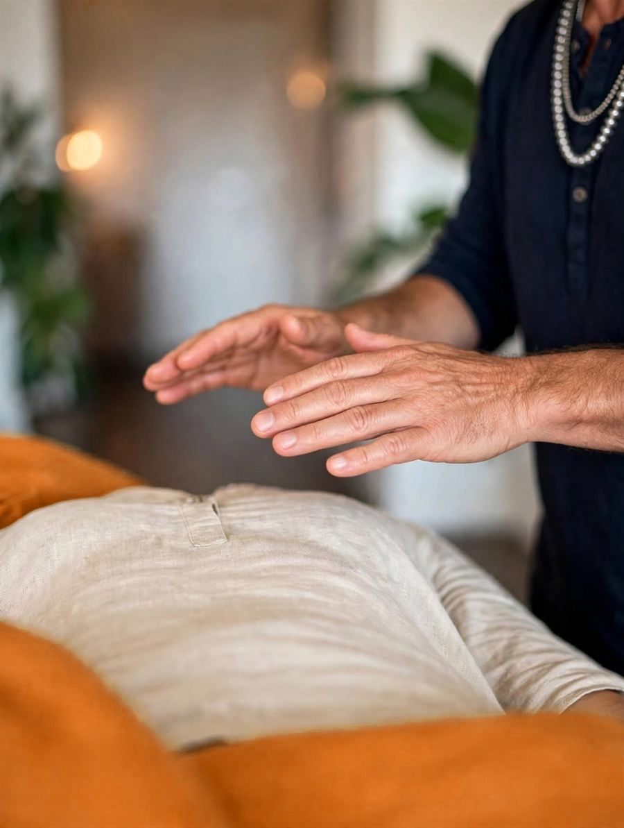 Les mains de Sylvain au-dessus du corps pendant un soin